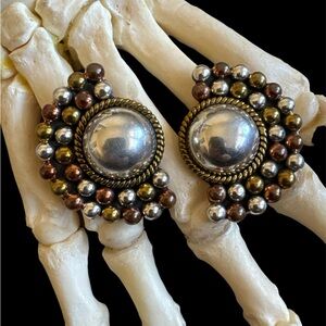 Vintage Sterling Silver Taxco Two Tone Starburst Ball Bubble Clip Earrings 1.5”